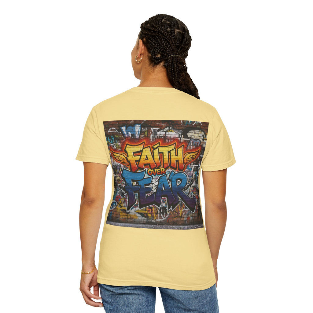 Faith Over Fear T-shirt – Graffiti Wall Christian T-shirt for Bold 2 Corinthians 5:7 Streetwear & Unshakable Faith Printify