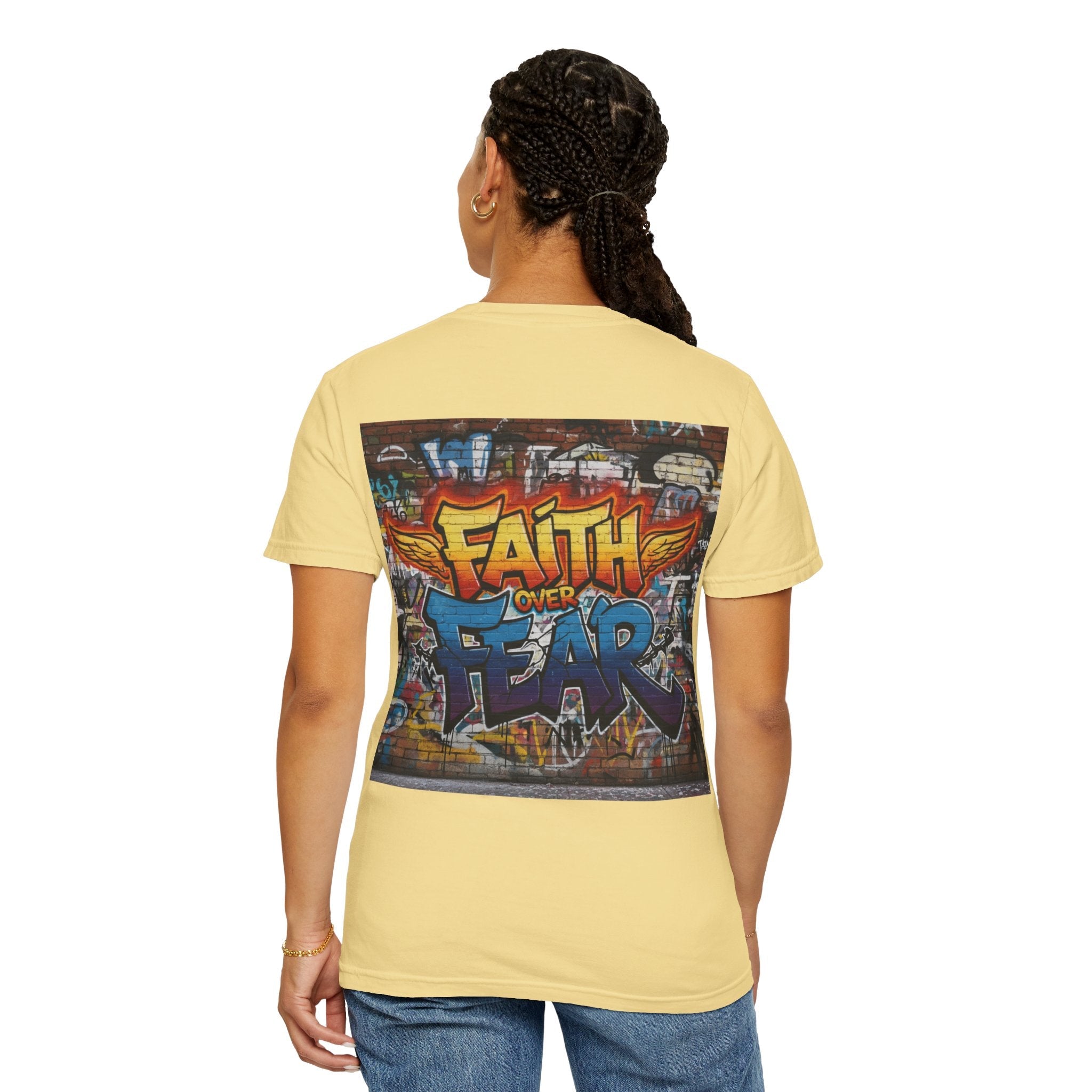 Faith Over Fear T-shirt – Graffiti Wall Christian T-shirt for Bold 2 Corinthians 5:7 Streetwear & Unshakable Faith Printify