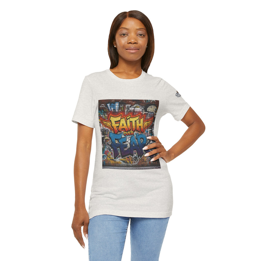 Faith Over Fear T-shirt – Graffiti Wall Christian T-shirt for Bold 2 Corinthians 5:7 Streetwear & Unshakable Faith Printify