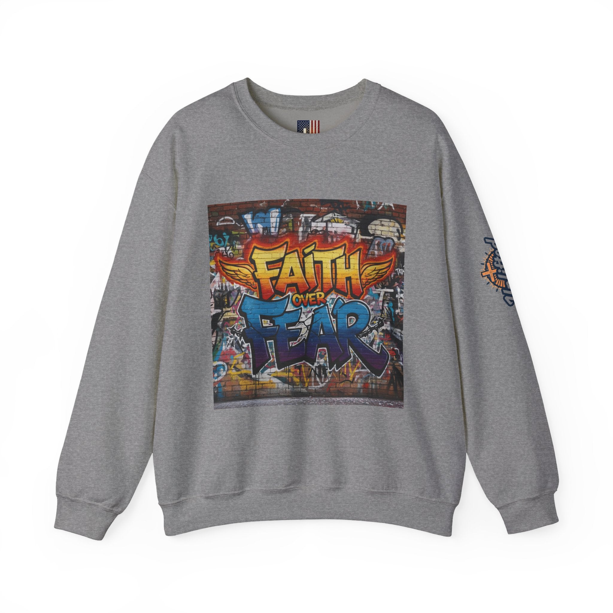 Faith Over Fear Sweatshirt – Graffiti Wall Christian Sweatshirt for Bold 2 Corinthians 5:7 Streetwear & Unshakable Faith Printify