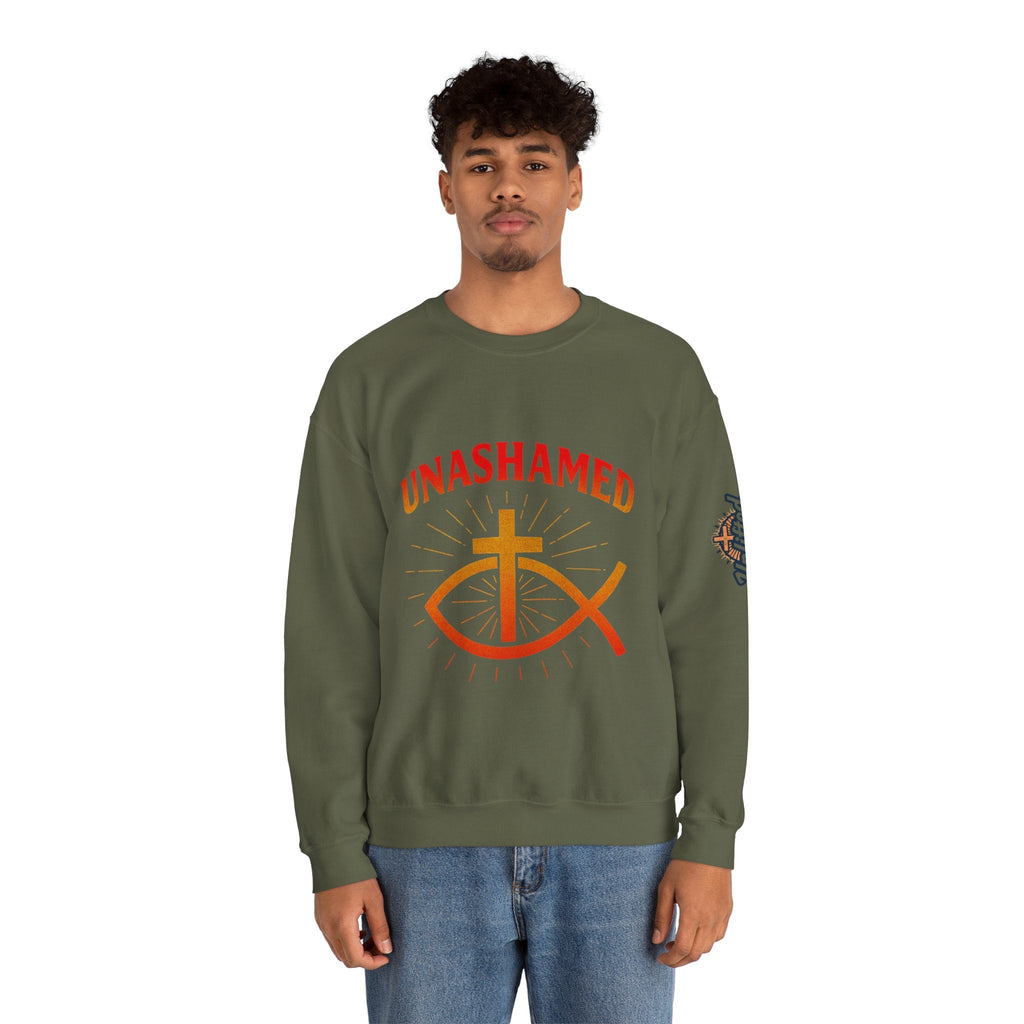Unashamed Sweatshirt – Ichthys Jesus Fish & Cross Christian Sweatshirt for Romans 1:16 Bold Faith Printify