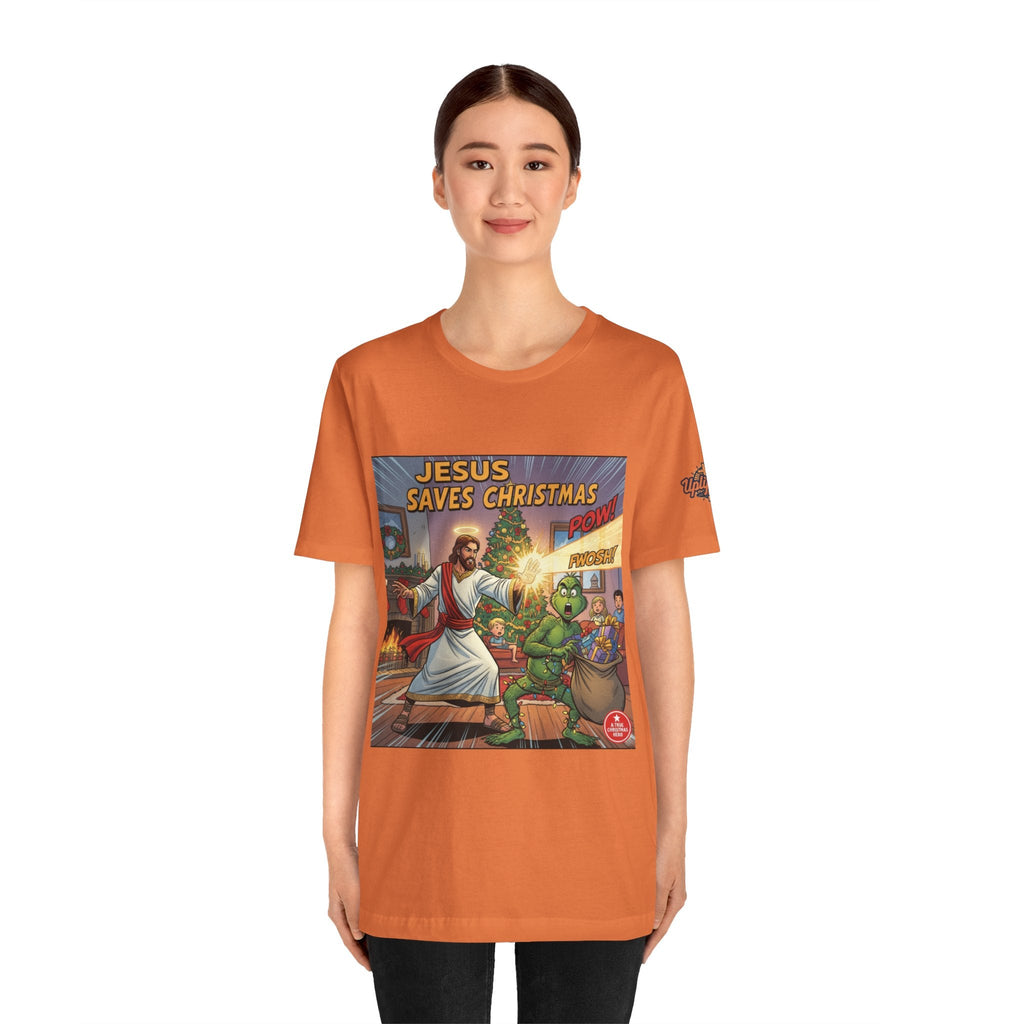 Jesus Saves Christmas T-shirt – Grinch vs Savior Light Battle Christian T-shirt for Hilarious Holiday Faith & True Joy Printify