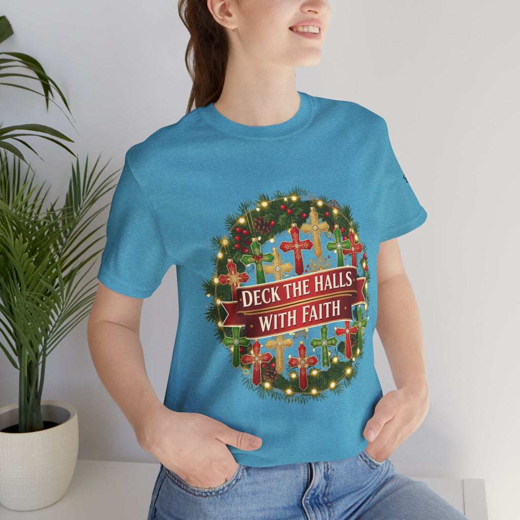 🎄 Deck the Halls with Faith – Christian Christmas T-Shirt | Cross Ornament Design & Festive Garland | Bold Holiday Faith Tee by Uplifted Gear Printify