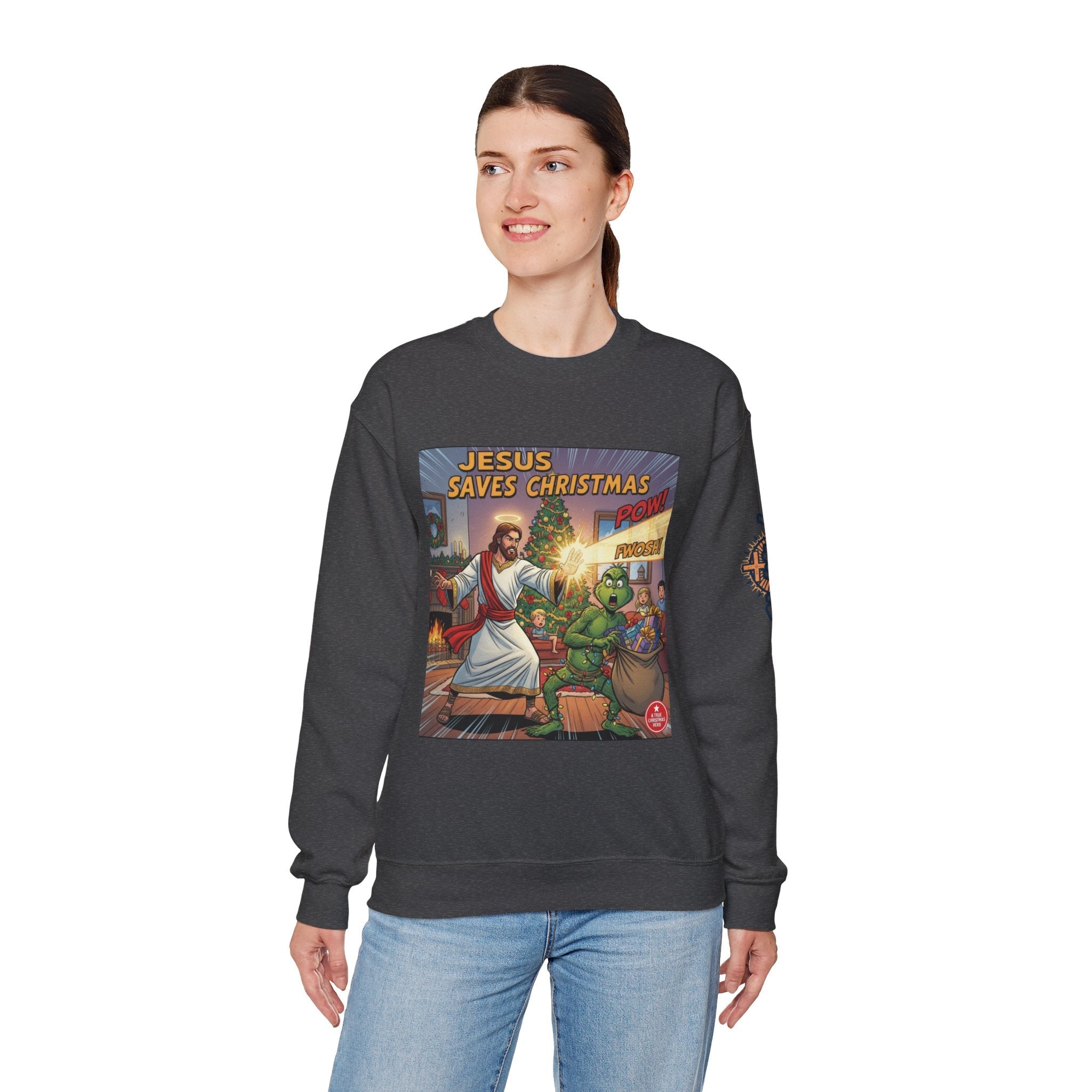Jesus Saves Christmas Sweatshirt – Grinch vs Savior Light Battle Christian Sweatshirt for Hilarious Holiday Faith & True Joy Printify