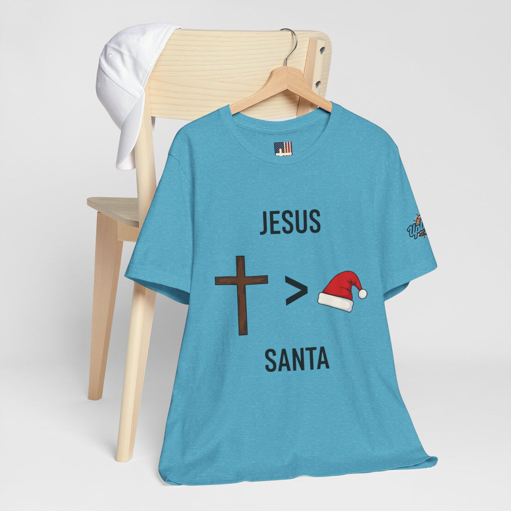 🎄 Jesus > Santa – Minimalist Christian Christmas T-Shirt | Bold Faith Over Holiday Tee | Cross vs Santa Hat Design | Uplifted Gear Printify