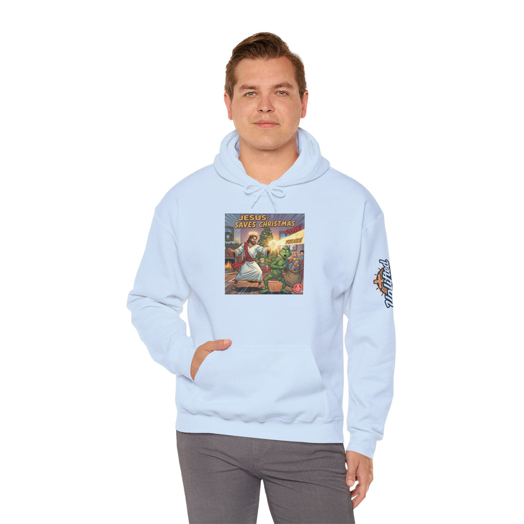 Jesus Saves Christmas Hoodie – Grinch vs Savior Light Battle Christian Sweatshirt for Hilarious Holiday Faith & True Joy Printify