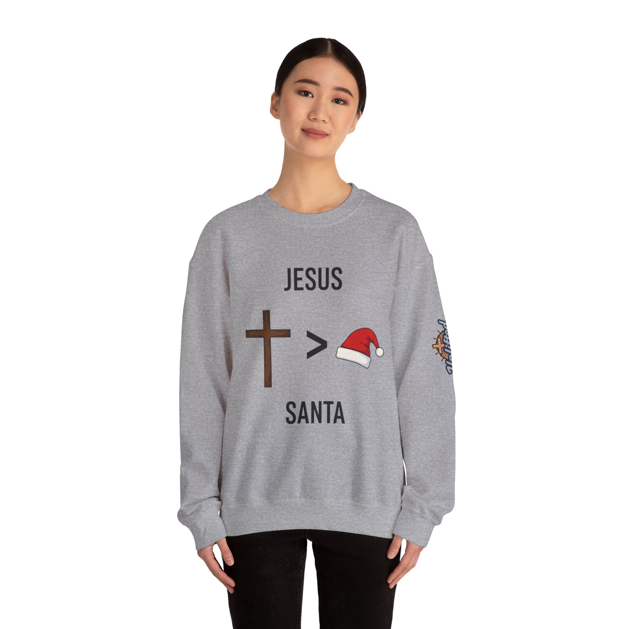 🎄 Jesus > Santa – Minimalist Christian Christmas Sweatshirt | Bold Faith Over Holiday Tee | Cross vs Santa Hat Design | Uplifted Gear Printify