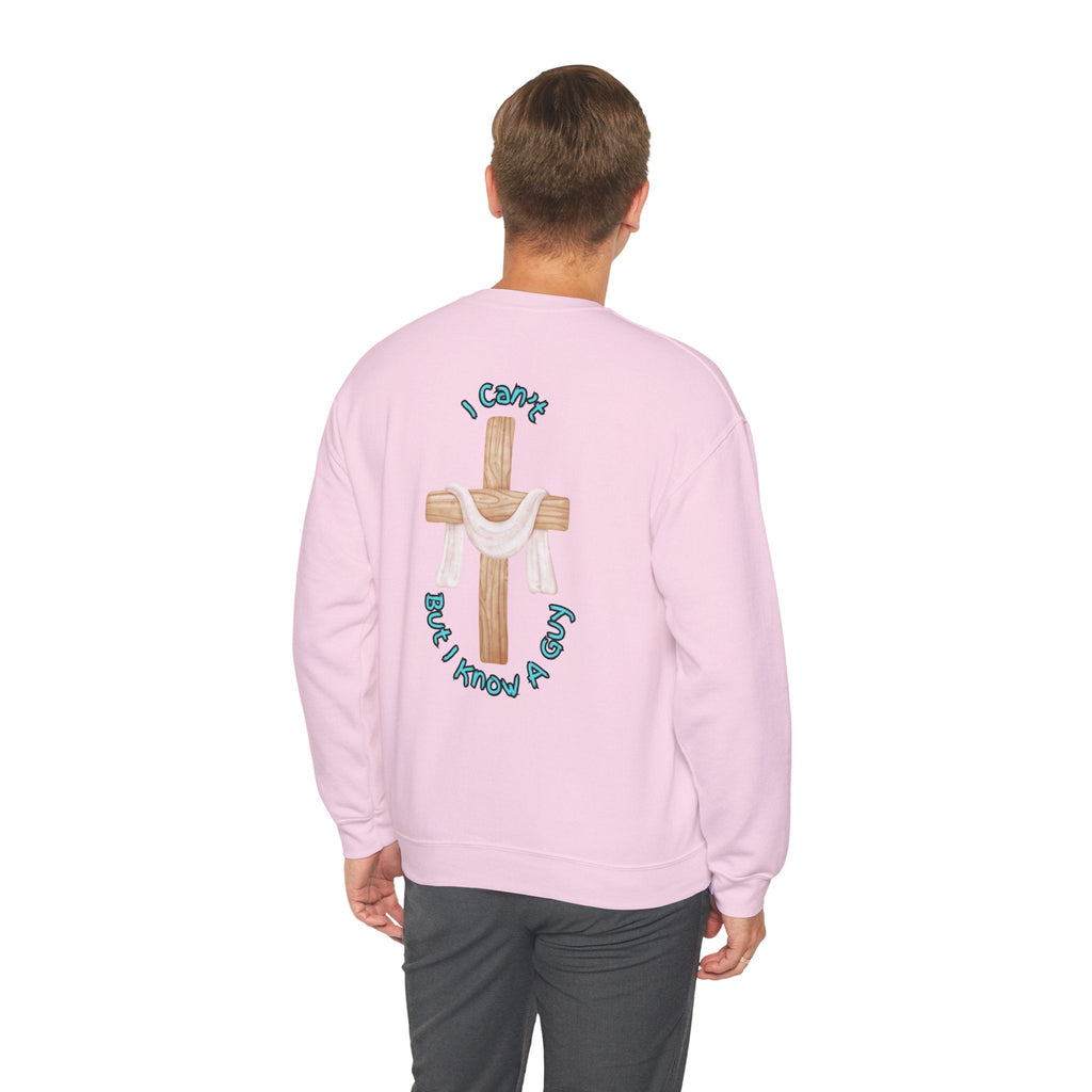 I Can’t, But I Know a Guy Sweatshirt – Jesus Cross Christian Sweatshirt for Cozy Faith Printify