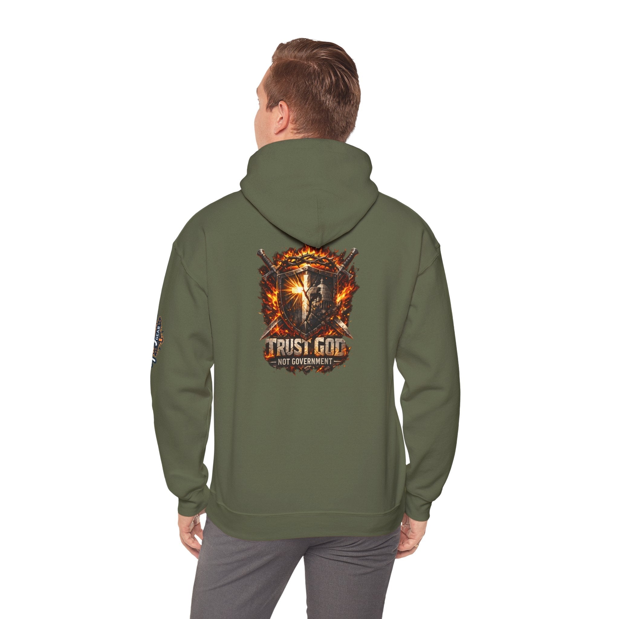 Trust God Not Government Shield Hoodie — Patriotic Christian Faith Hoodie Printify