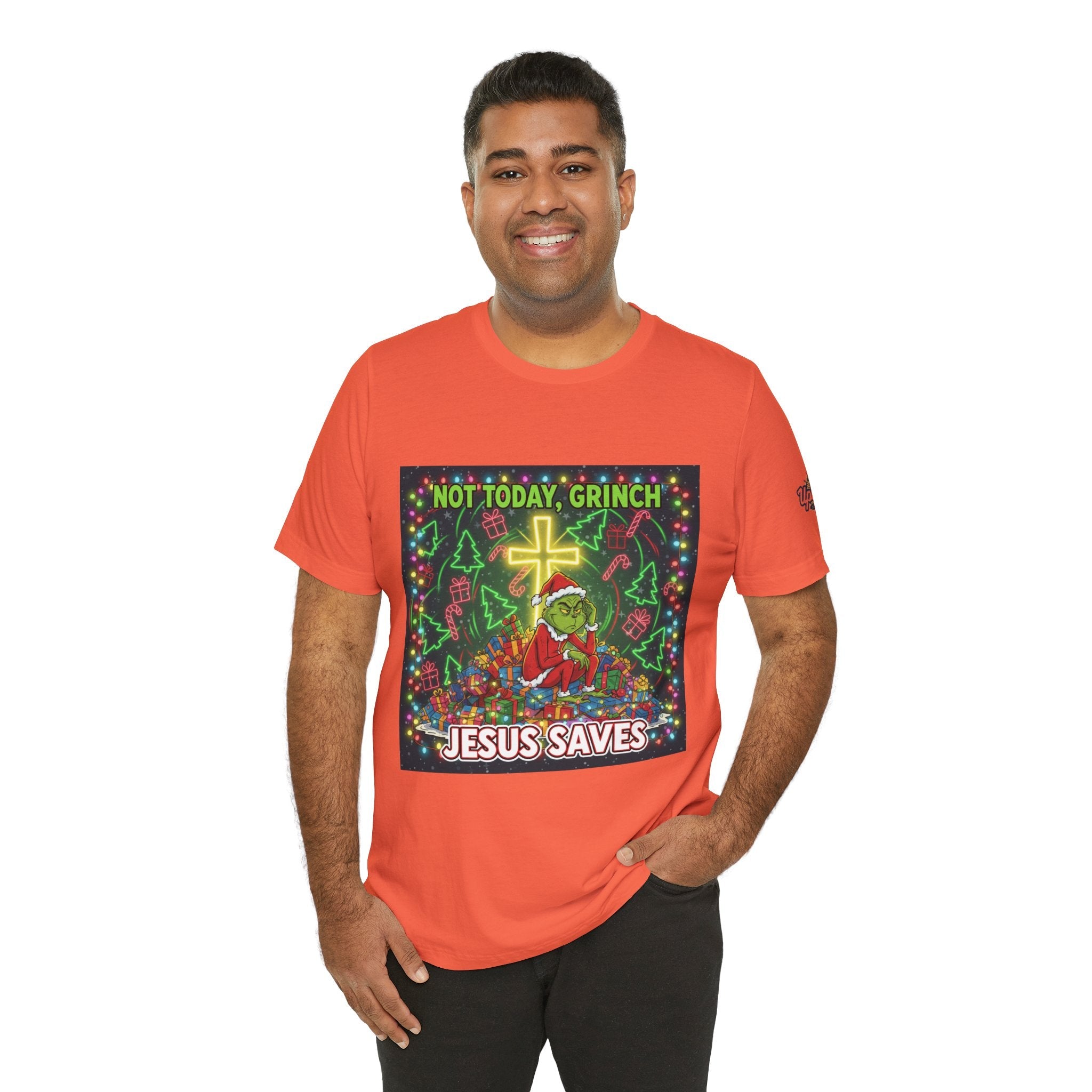 🎄 Not Today, Grinch – Jesus Saves | Funny Christian Christmas T-Shirt | Festive Green & Red Cartoon Style | Bold Faith Holiday Tee by Uplifted Gear Printify