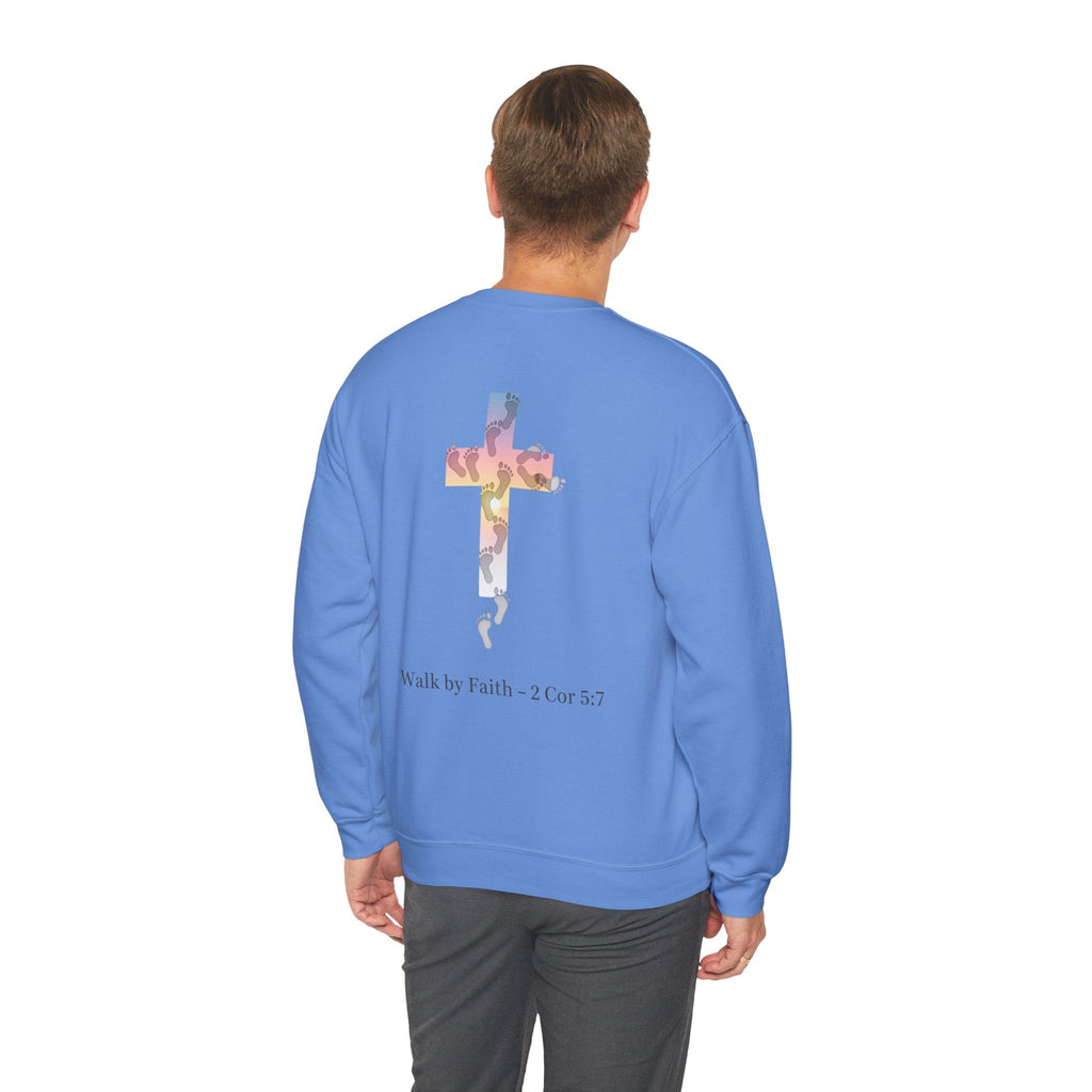 Walk by Faith Sweatshirt – Cross & Footprints Christian Sweatshirt for Cozy Inspiration Printify