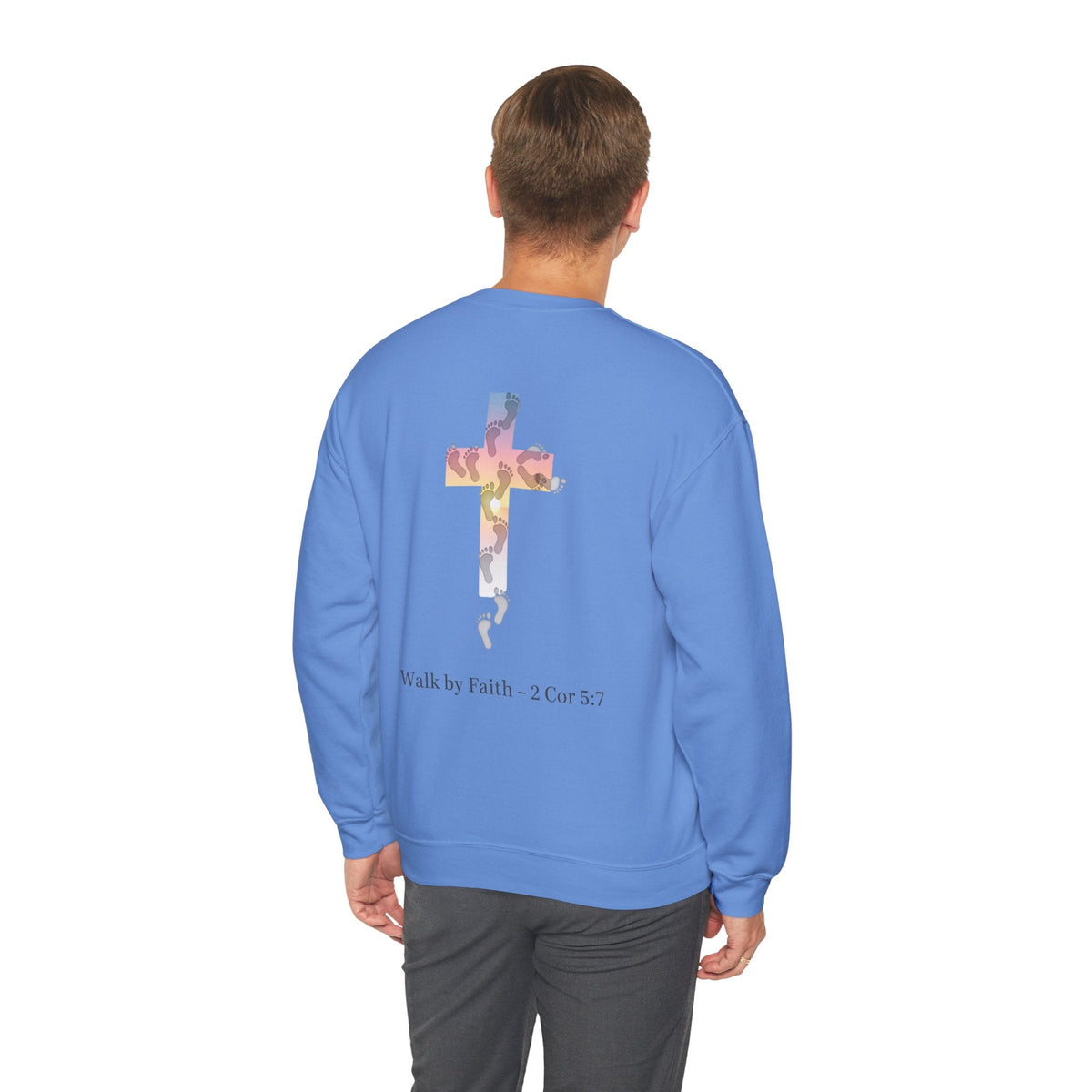 Walk by Faith Sweatshirt – Cross & Footprints Christian Sweatshirt for Cozy Inspiration Printify