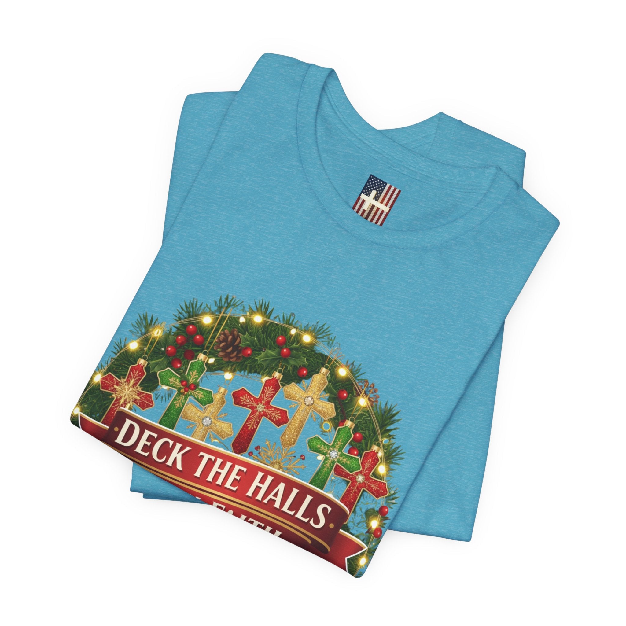🎄 Deck the Halls with Faith – Christian Christmas T-Shirt | Cross Ornament Design & Festive Garland | Bold Holiday Faith Tee by Uplifted Gear Printify