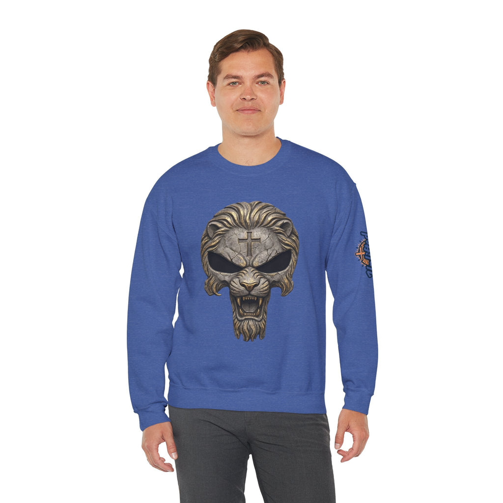 Lion of Judah Skull Christian Sweatshirt - Warrior Faith Cross Sweatshirt Printify