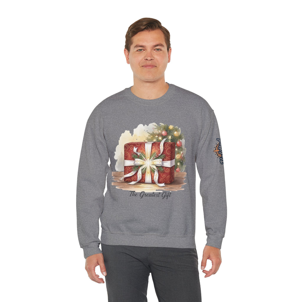 The Greatest Gift Sweatshirt – Cross Bow Present Christian Sweatshirt for Christmas Salvation & Eternal Faith Printify