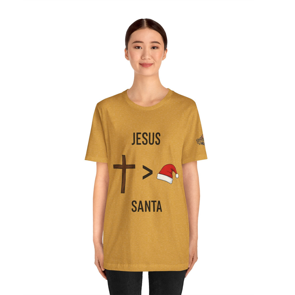 🎄 Jesus > Santa – Minimalist Christian Christmas T-Shirt | Bold Faith Over Holiday Tee | Cross vs Santa Hat Design | Uplifted Gear Printify