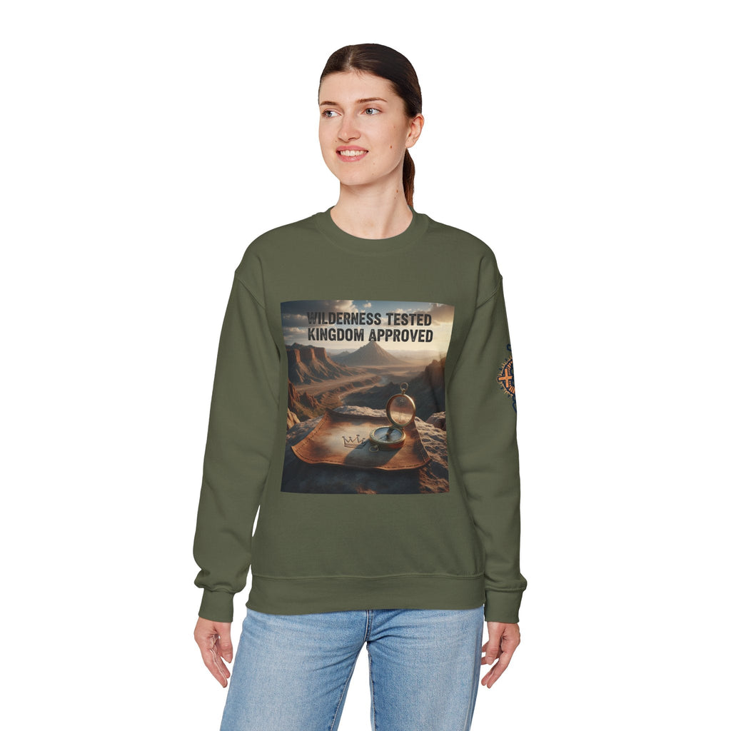 Wilderness Tested Kingdom Approved Sweatshirt – Mountain Desert Compass Crown Christian Sweatshirt for Biblical Adventure Faith Printify