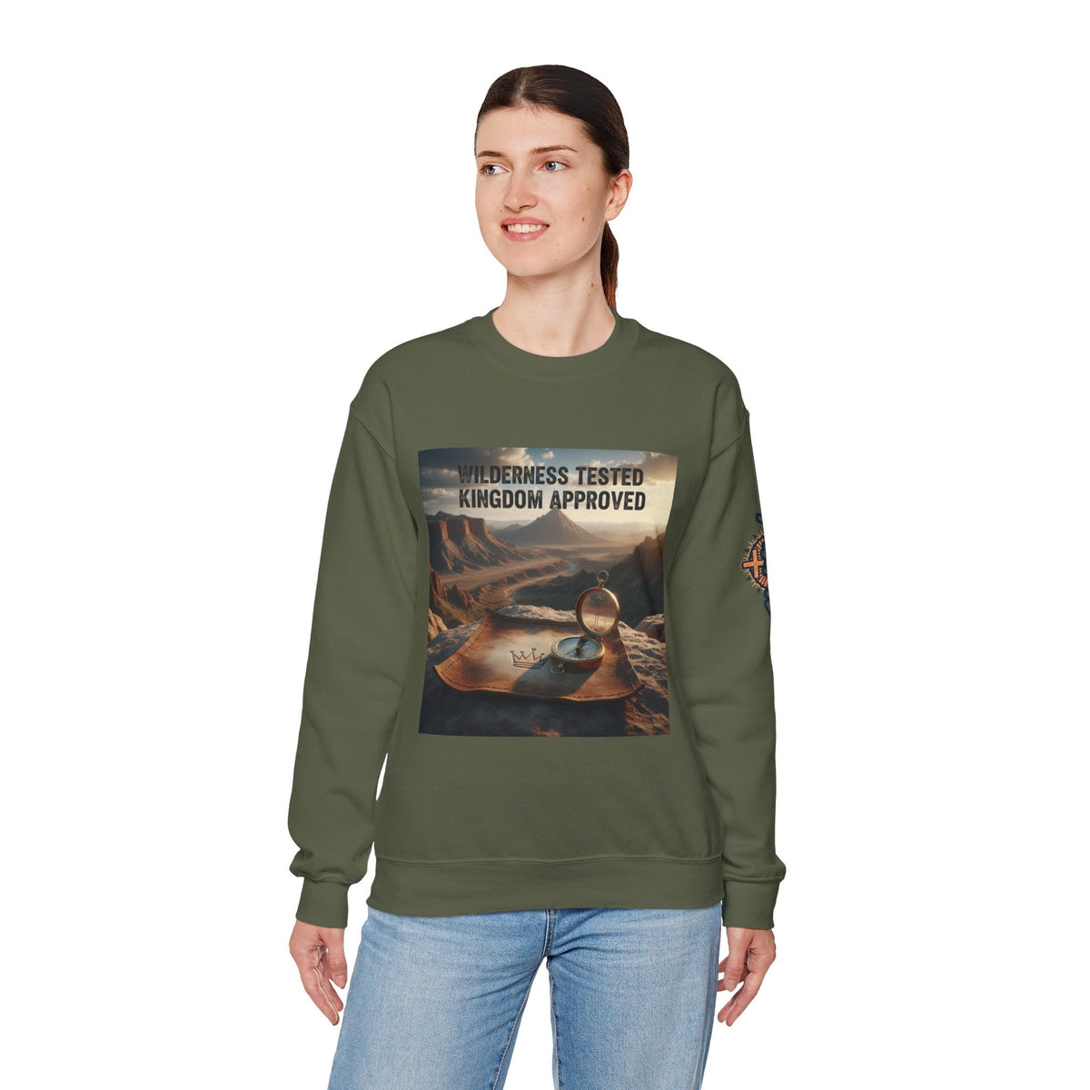 Wilderness Tested Kingdom Approved Sweatshirt – Mountain Desert Compass Crown Christian Sweatshirt for Biblical Adventure Faith Printify