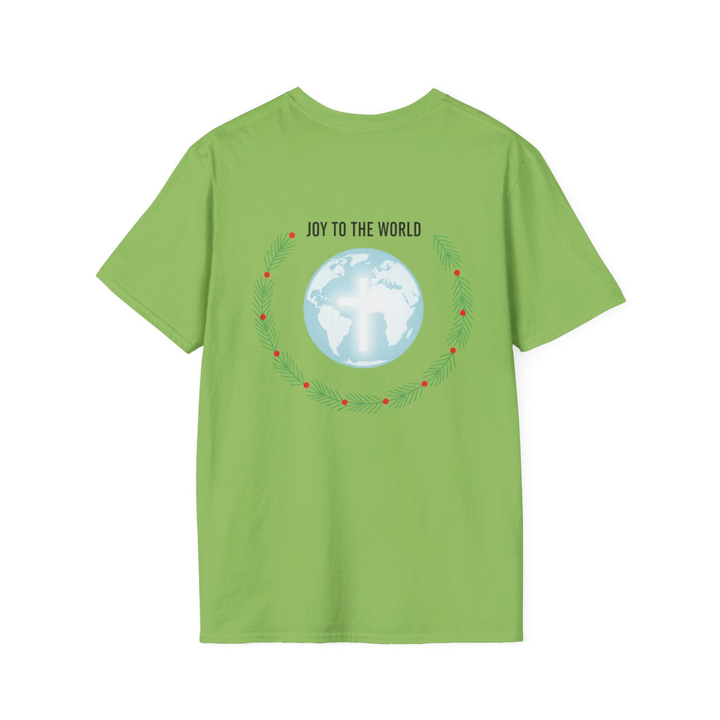 Joy to the World T-shirt – Wreath Earth Nativity Christian Christmas T-shirt for Isaiah 9:6 Holiday Faith & Festive Joy Printify