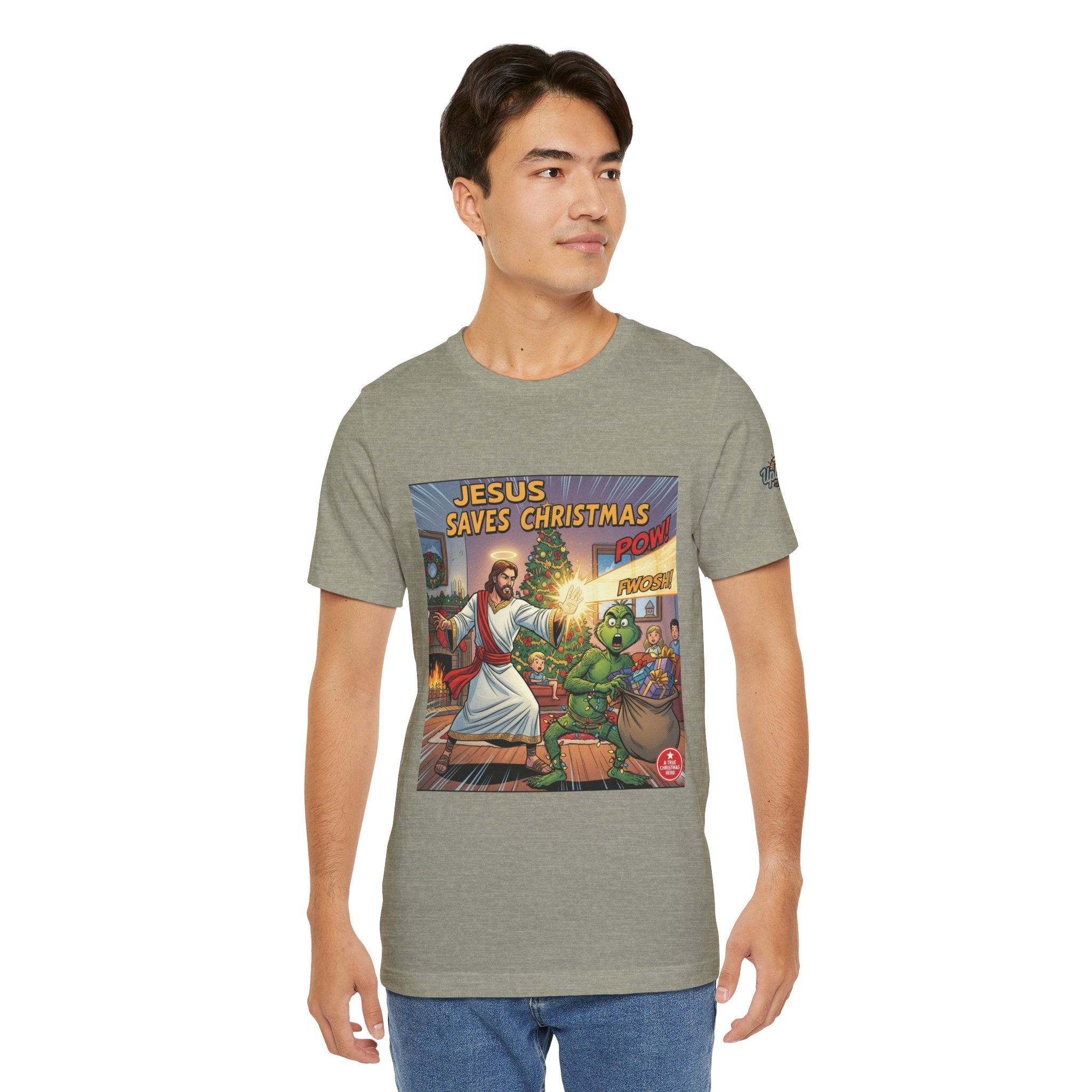 Jesus Saves Christmas T-shirt – Grinch vs Savior Light Battle Christian T-shirt for Hilarious Holiday Faith & True Joy Printify