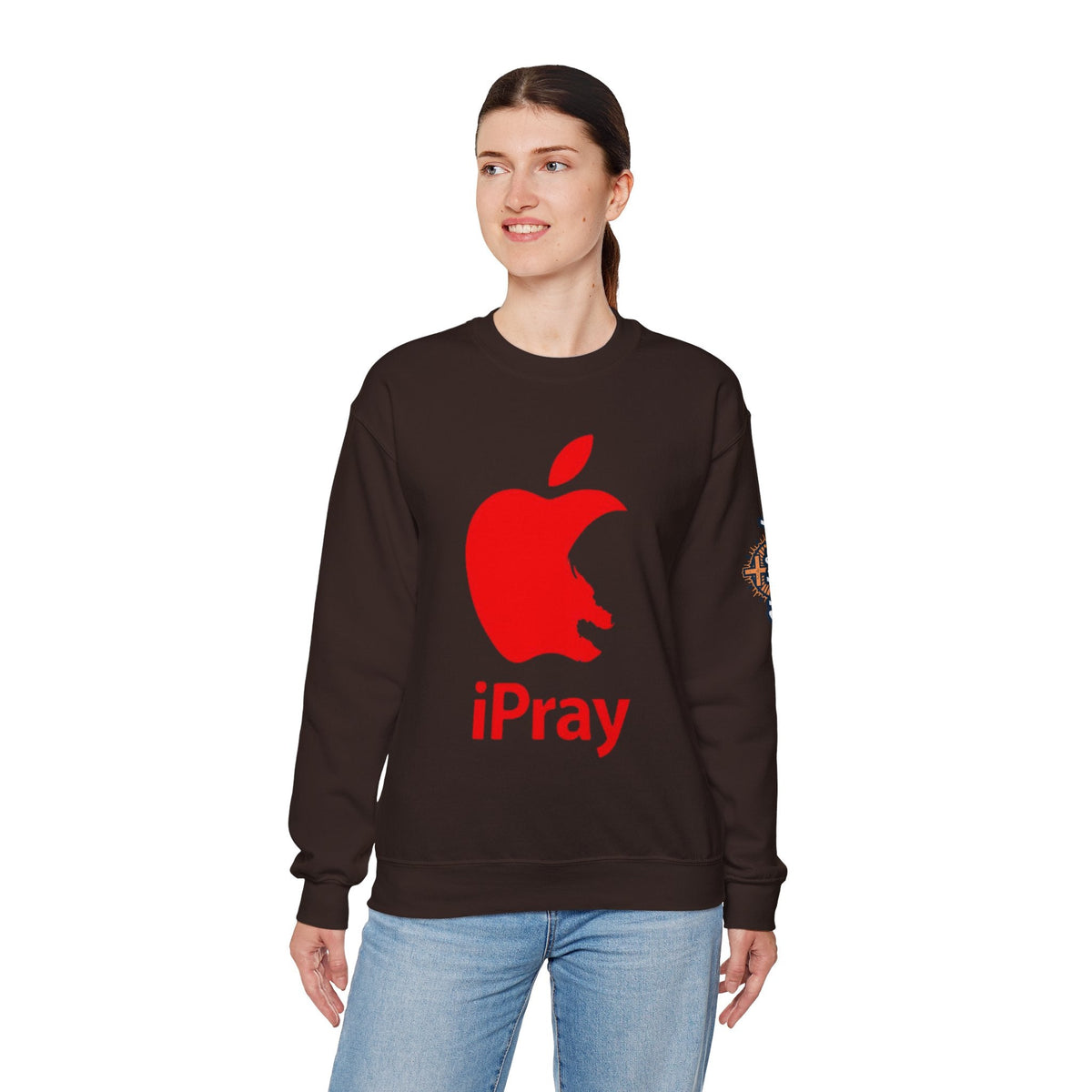 iPray Apple Logo Sweatshirt — Funny Christian Sweatshirt (Minimal Red Apple Graphic) Printify