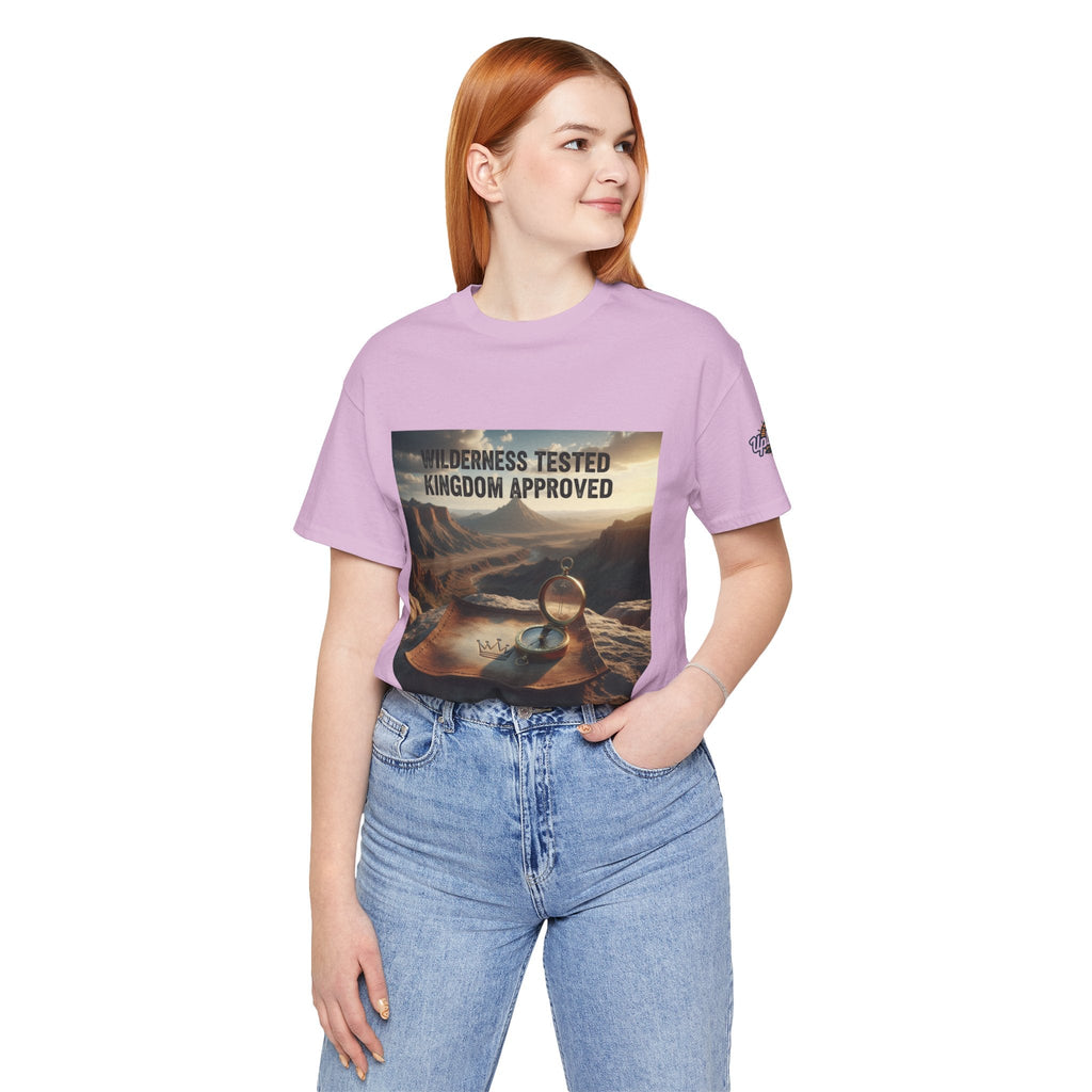 Wilderness Tested Kingdom Approved T-shirt – Mountain Desert Compass Crown Christian T-shirt for Biblical Adventure Faith Printify