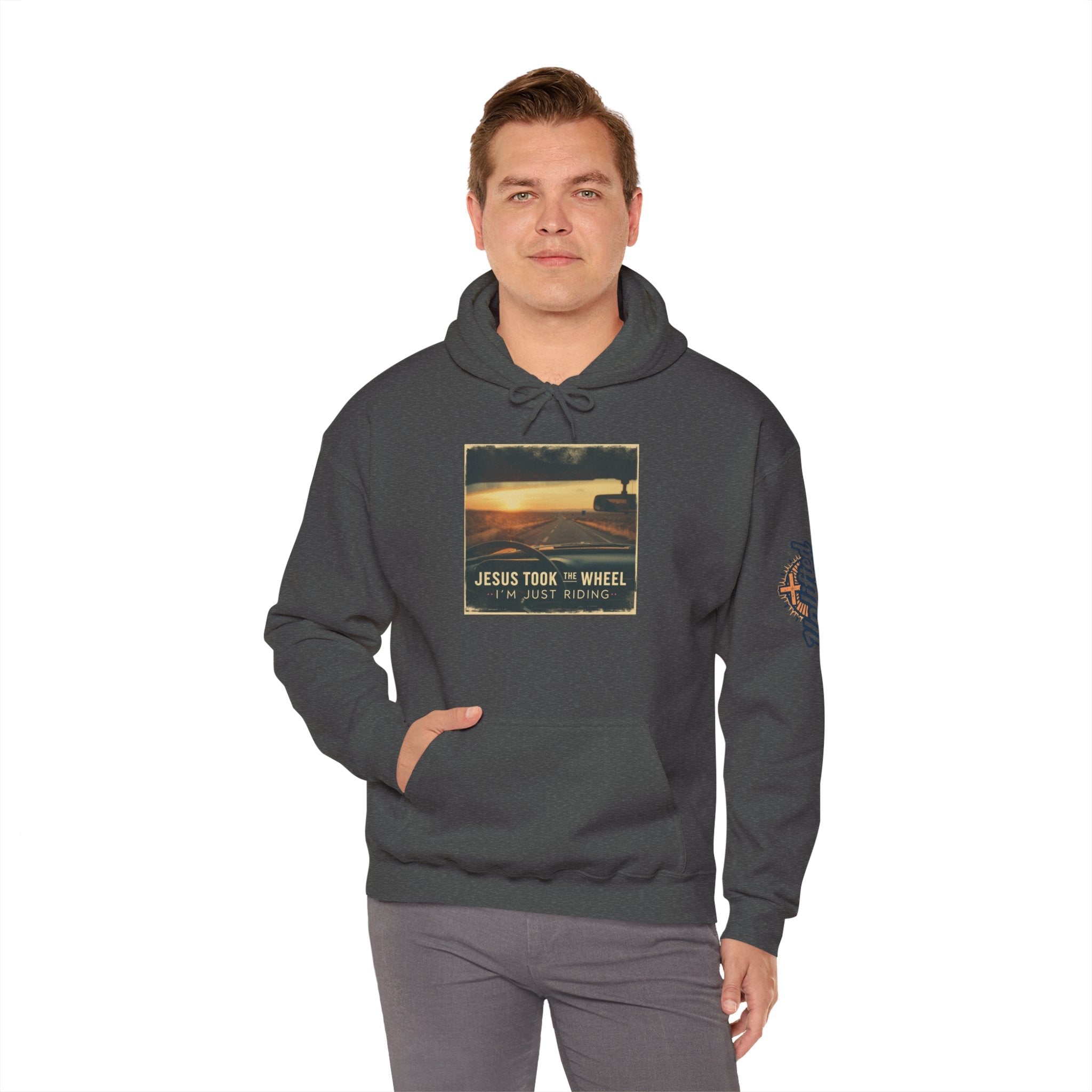 Jesus Took the Wheel I'm Just Riding Hoodie – Funny Christian Convertible Car Sweatshirt for Surrendered Faith & Humor Printify