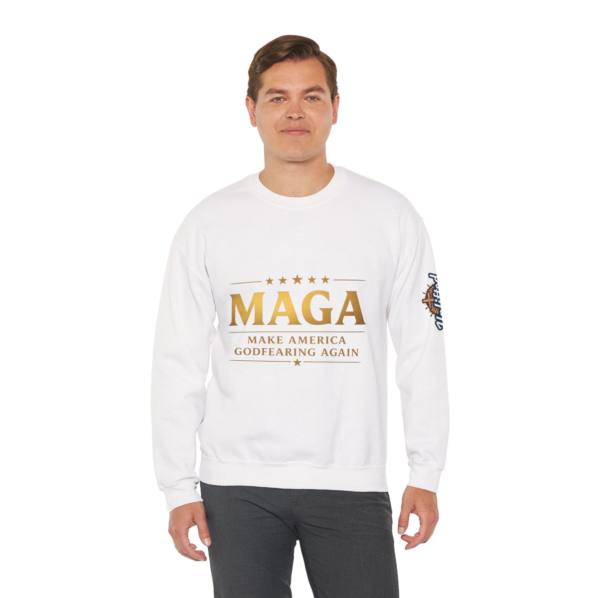 Sweatshirt — "MAGA Make America Godfearing Again" Gold Logo Crewneck Printify