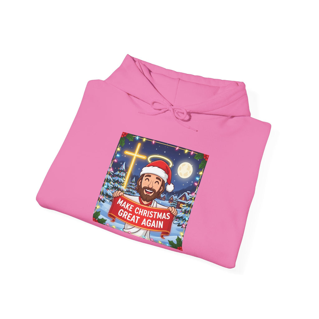 🎄 Make Christmas Great Again – Funny Christian Hoodie | Jesus Holding Banner | Faith-Based Holiday Parody Tee | Uplifted Gear Printify