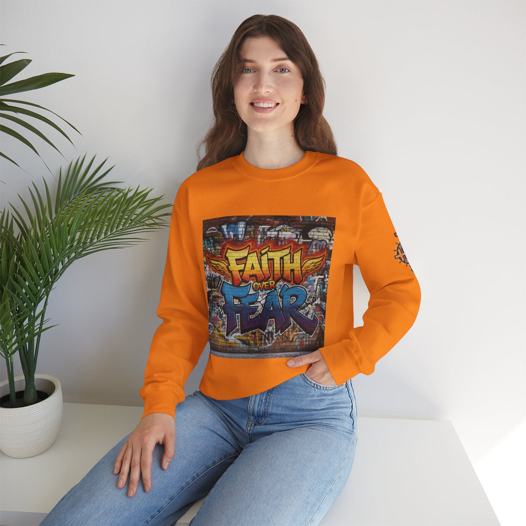 Faith Over Fear Sweatshirt – Graffiti Wall Christian Sweatshirt for Bold 2 Corinthians 5:7 Streetwear & Unshakable Faith Printify