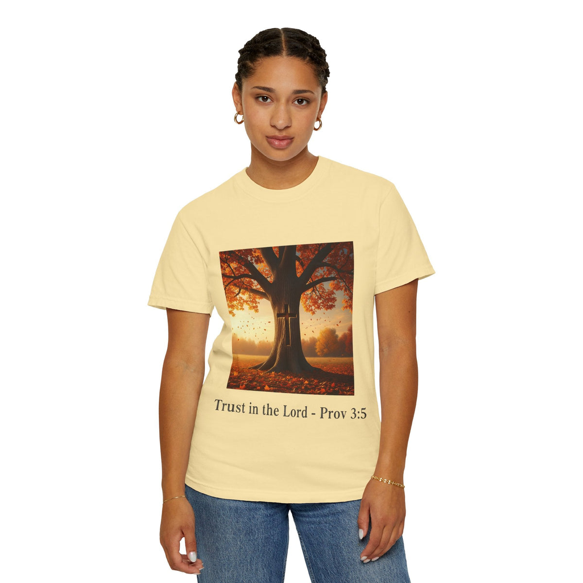 Trust in the Lord T-Shirt – Autumn Tree Christian Tee with Proverbs 3:5 Printify