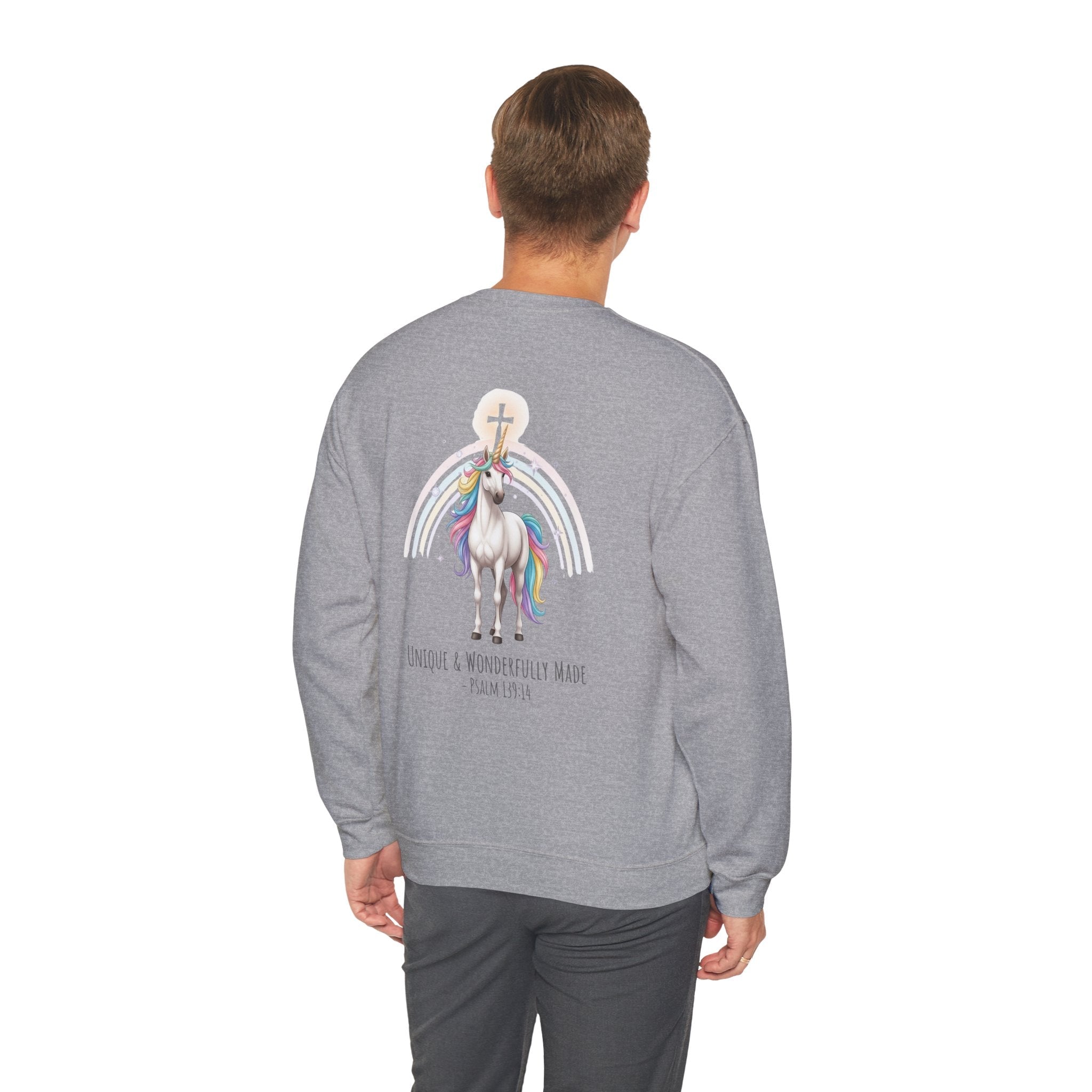 Unique Unicorn Sweatshirt – Rainbow Cross Psalm 139:14 Christian Sweatshirt for Wonderfully Made Printify