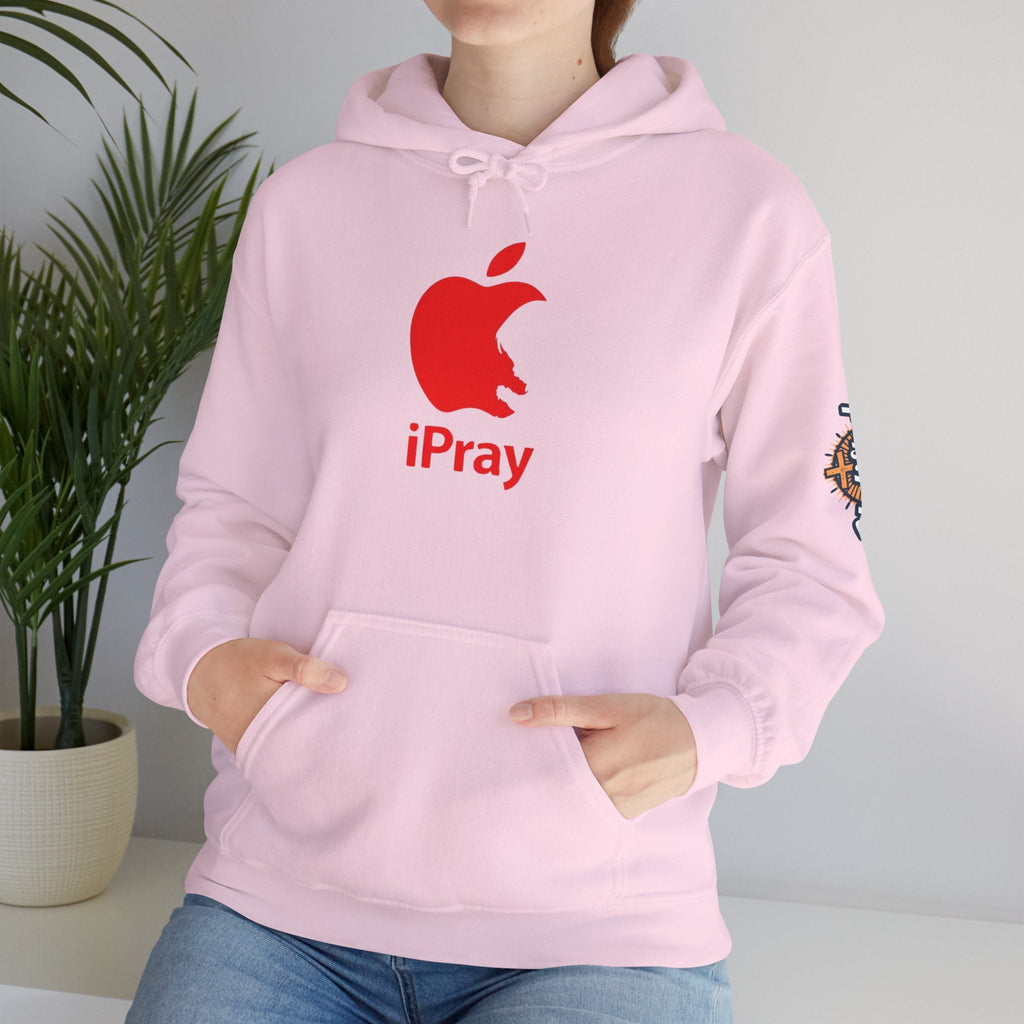 iPray Apple Logo Hoodie — Funny Christian Hoodie (Minimal Red Apple Graphic) Printify