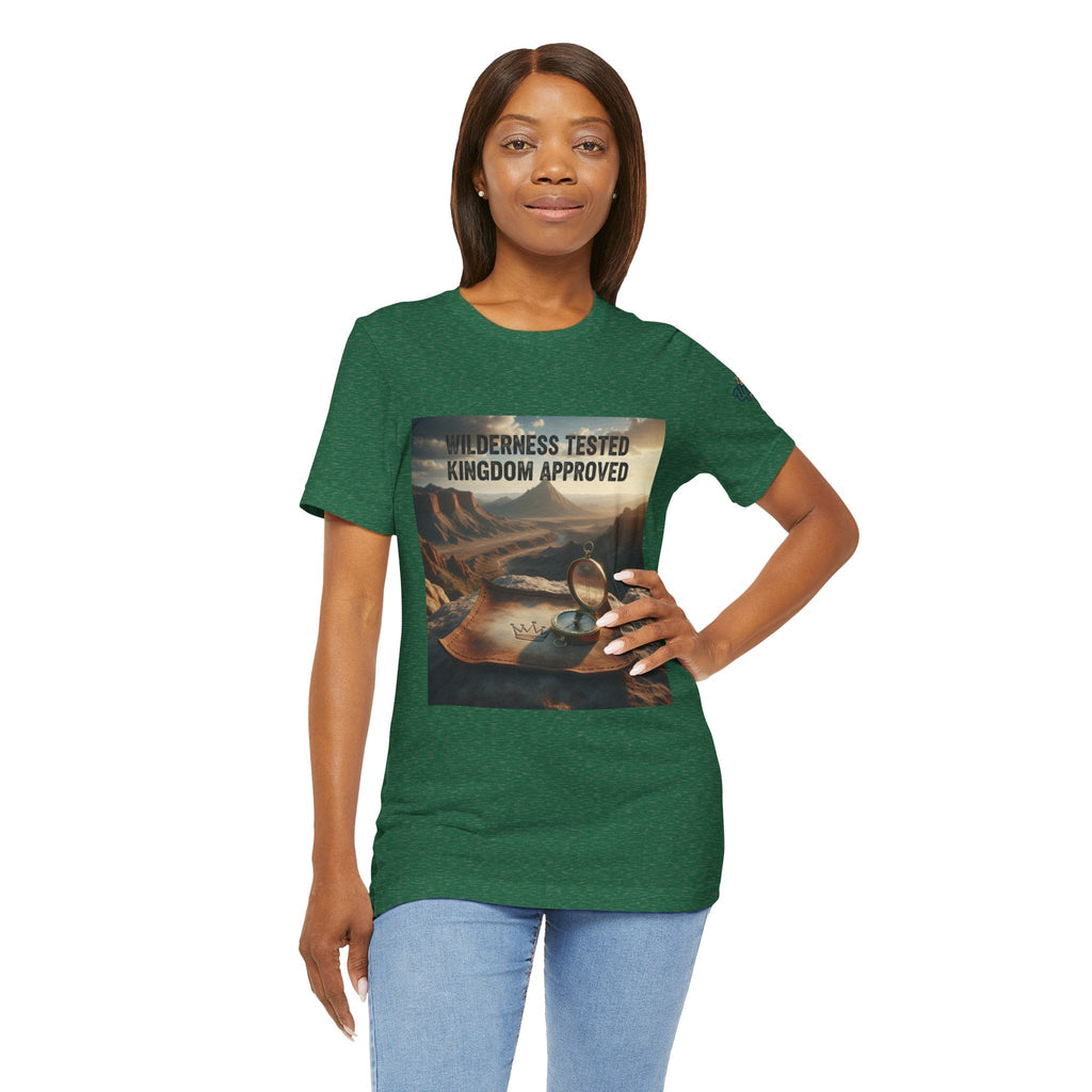 Wilderness Tested Kingdom Approved T-shirt – Mountain Desert Compass Crown Christian T-shirt for Biblical Adventure Faith Printify
