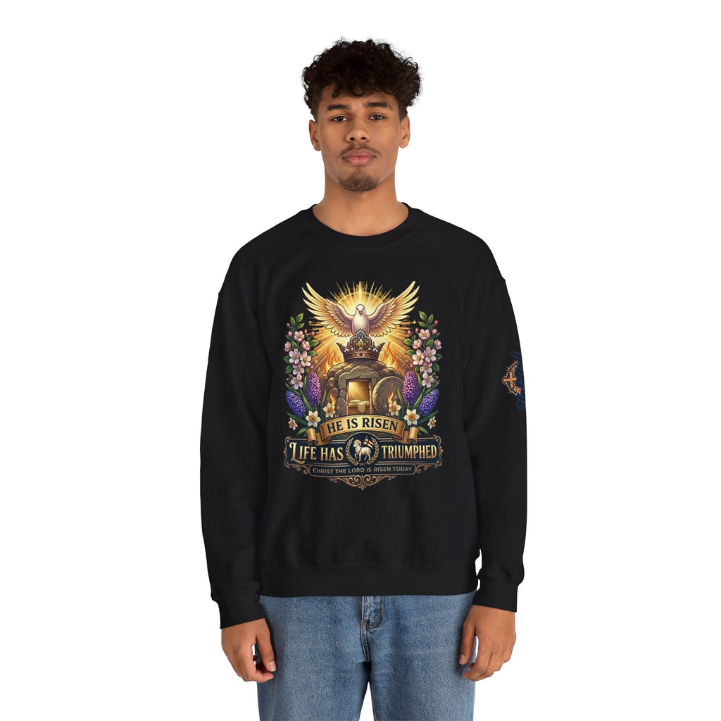 He Is Risen "Life Has Triumphed" Sweatshirt — Easter Resurrection Christian Sweatshirt Printify
