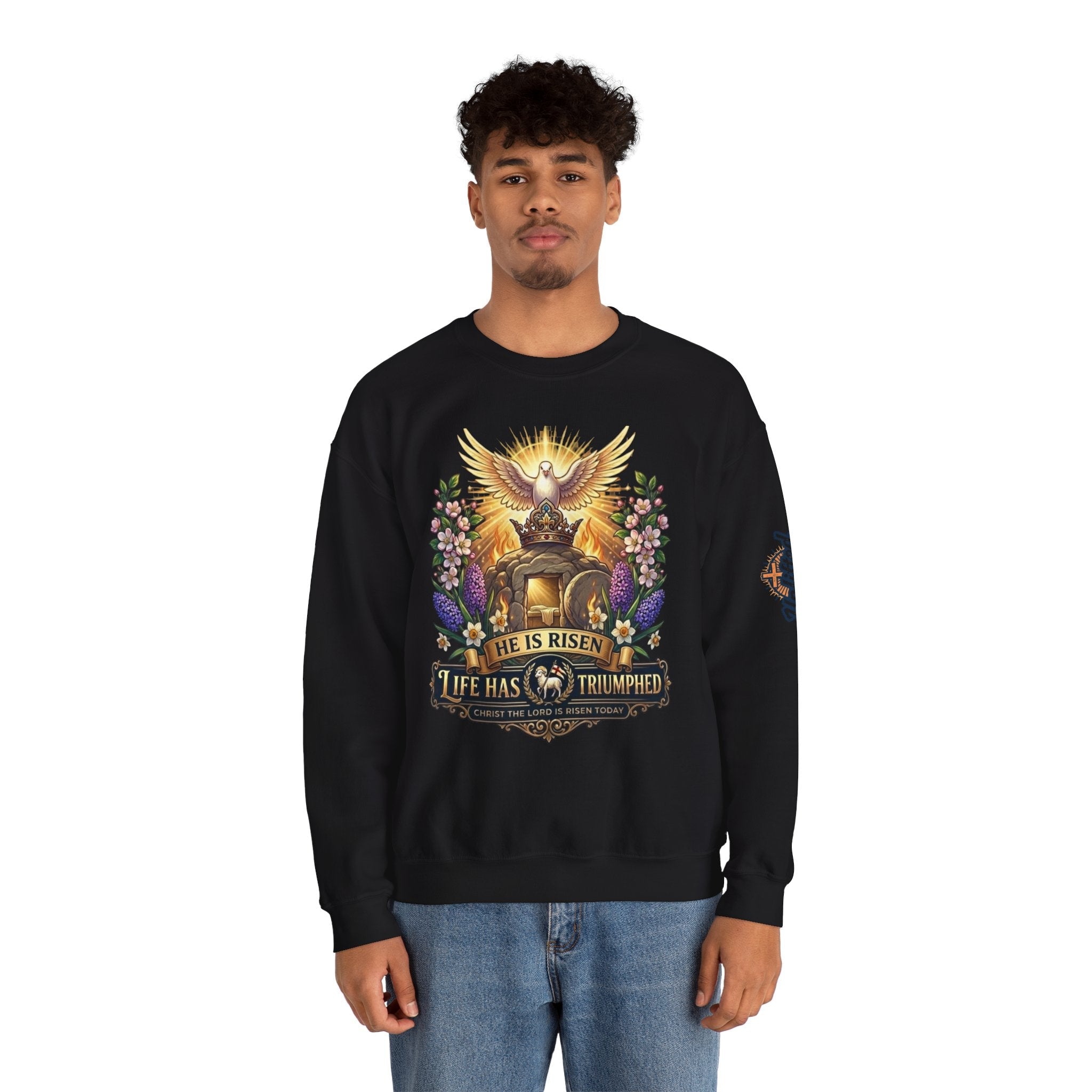 He Is Risen "Life Has Triumphed" Sweatshirt — Easter Resurrection Christian Sweatshirt Printify