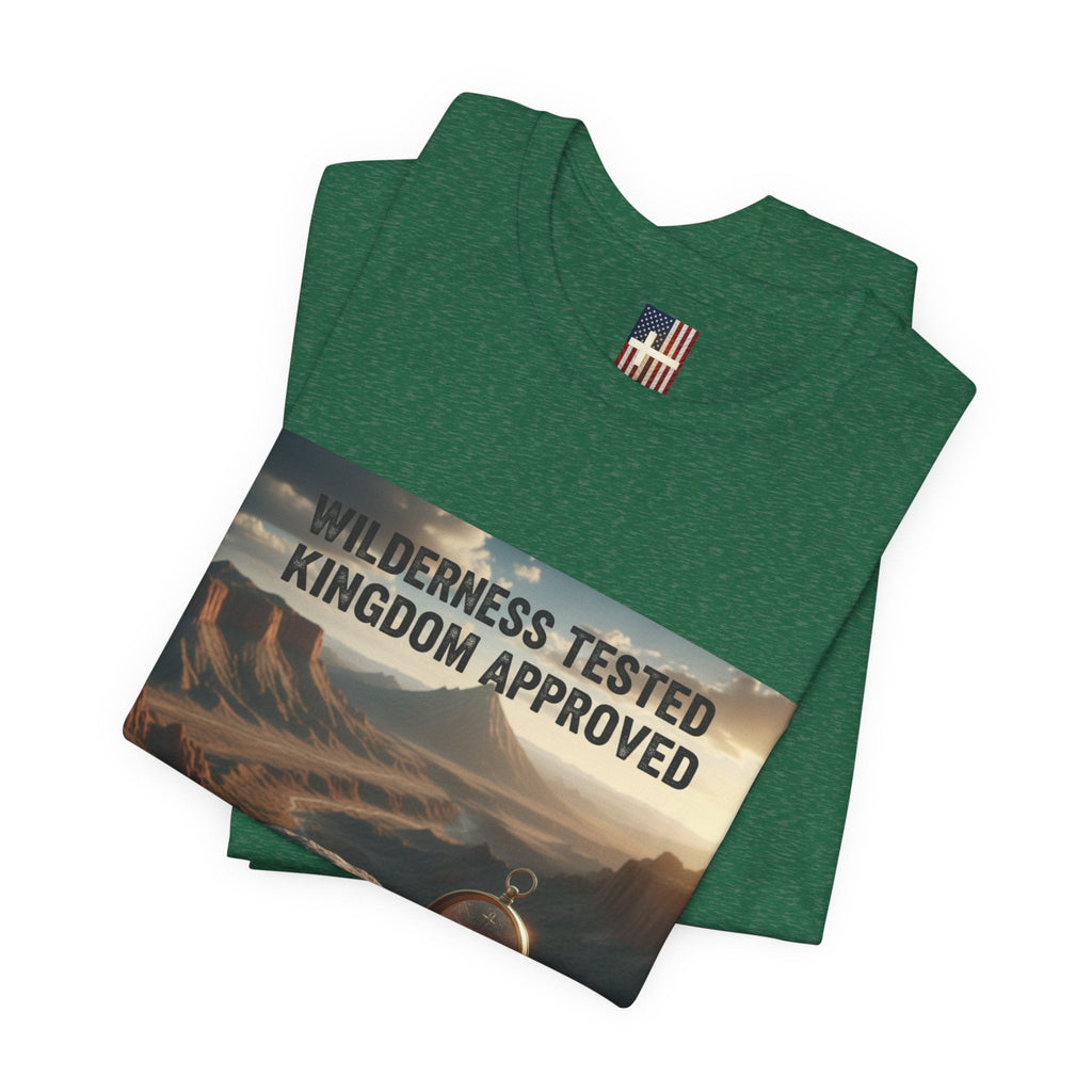 Wilderness Tested Kingdom Approved T-shirt – Mountain Desert Compass Crown Christian T-shirt for Biblical Adventure Faith Printify