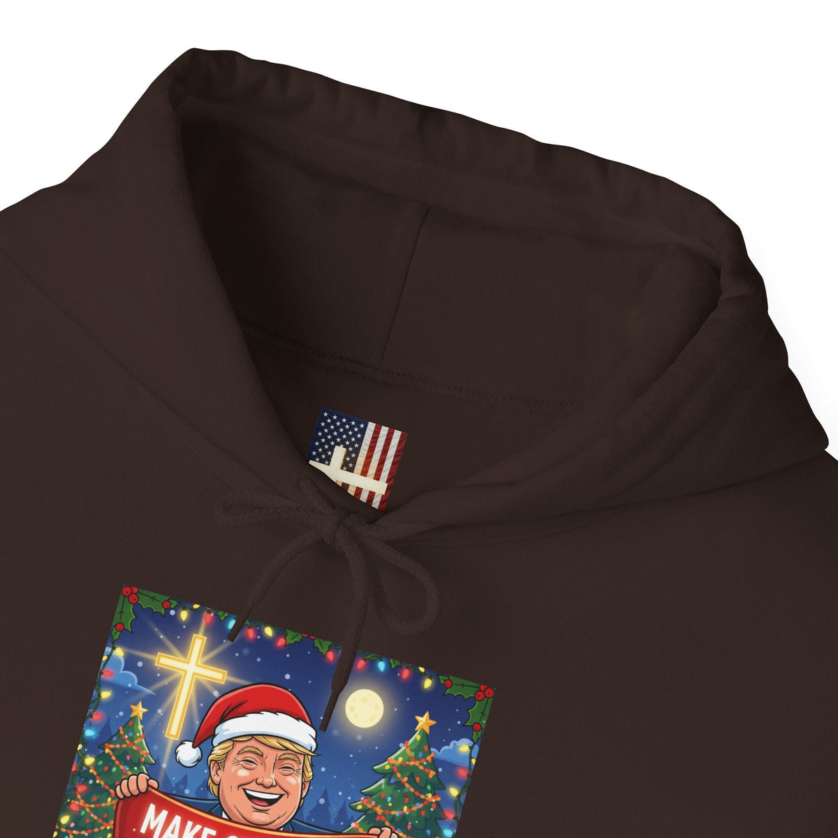 🎄 Make Christmas Great Again – Patriotic Christian Christmas Hoodie | Bold Holiday Faith Tee | Red & White Banner Design | Uplifted Gear Printify