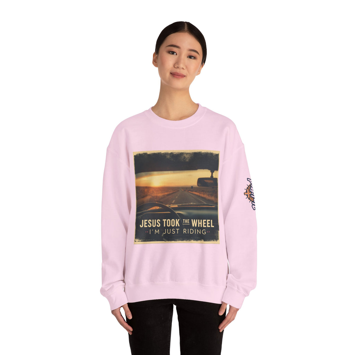 Jesus Took the Wheel I'm Just Riding Sweatshirt – Funny Christian Convertible Car Sweatshirt for Surrendered Faith & Humor