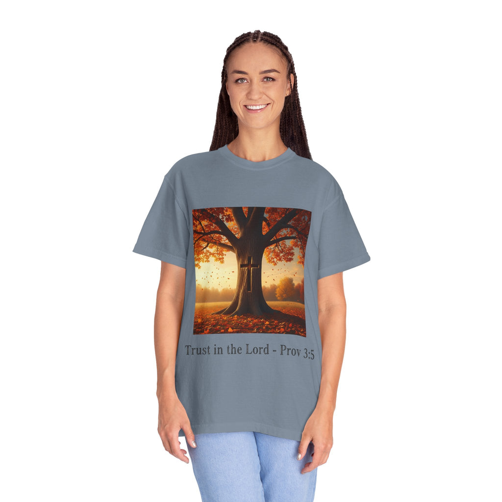 Trust in the Lord T-Shirt – Autumn Tree Christian Tee with Proverbs 3:5 Printify