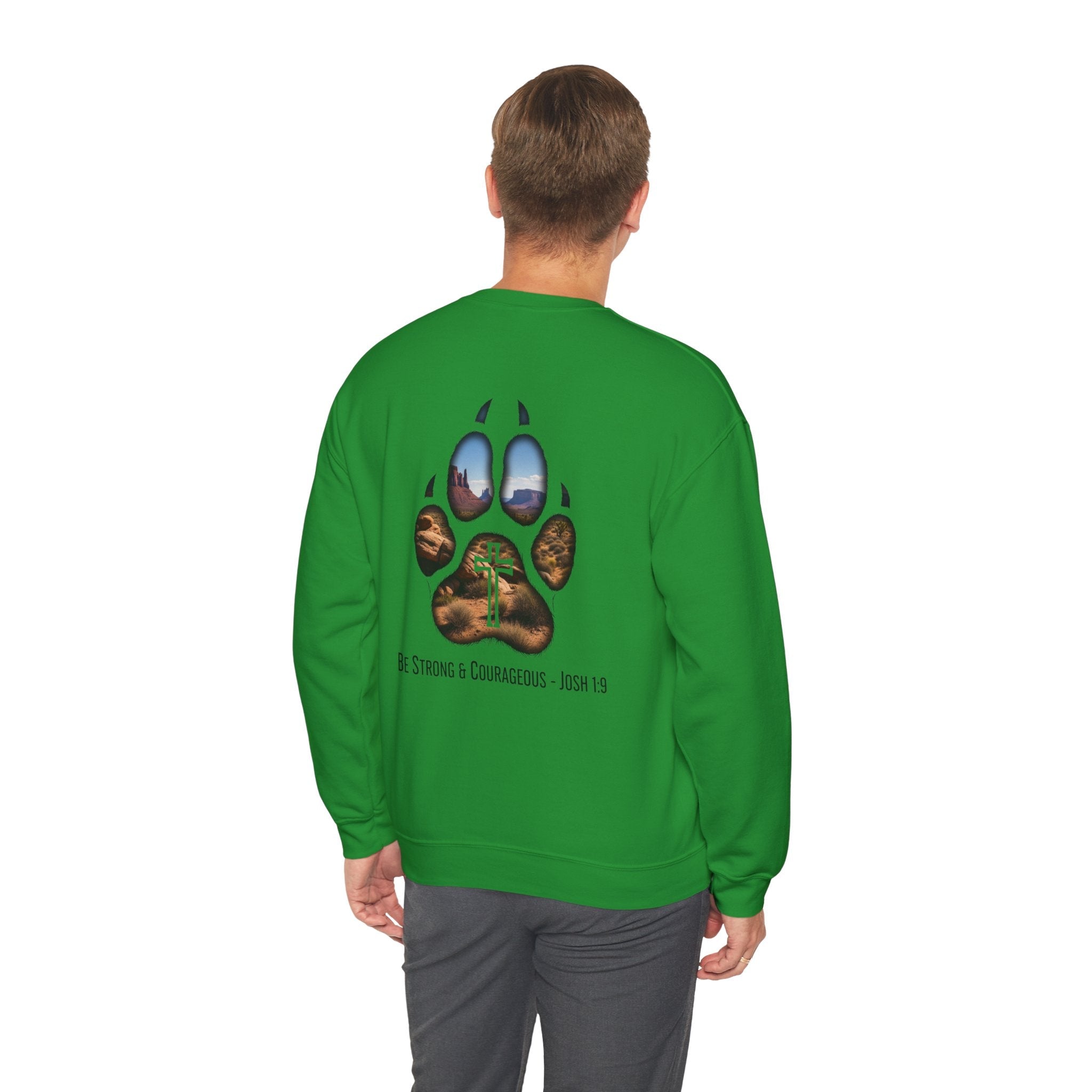 Strong and Courageous Sweatshirt – Joshua 1:9 Canine Pawprint Desert Christian Sweatshirt for Dog Lovers Printify