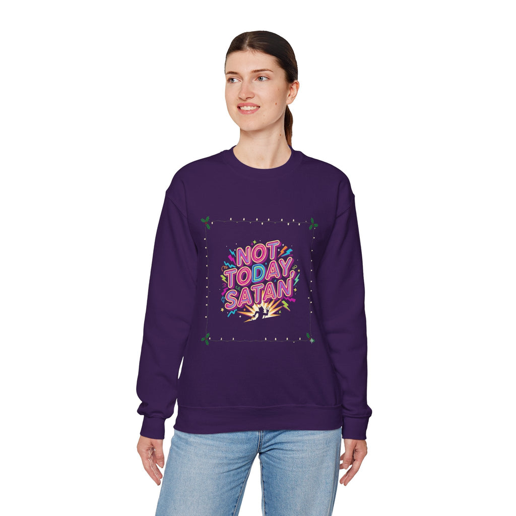 🔥 Not Today, Satan – Retro 90s Christian Sweatshirt | Neon Faith Tee | Funky Cartoon Devil | Bold Bible Verse Shirt | Uplifted Gear Printify