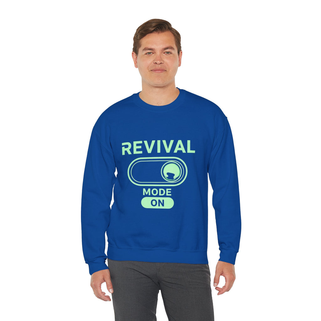 🔥 Revival Mode: ON – Christian Techwear Sweatshirt | Glowing Green Faith Switch | Futuristic Jesus Shirt | Activate Your Spiritual Awakening | Uplifted Gear Printify