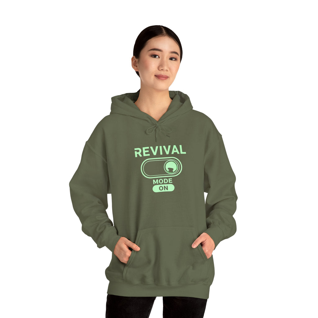 🔥 Revival Mode: ON – Christian Techwear Hoodie | Glowing Green Faith Switch | Futuristic Jesus Shirt | Activate Your Spiritual Awakening | Uplifted Gear Printify
