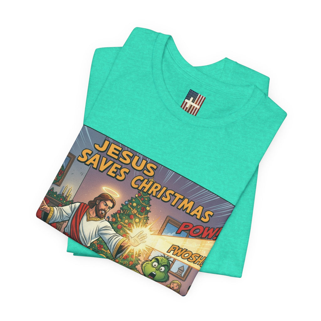 Jesus Saves Christmas T-shirt – Grinch vs Savior Light Battle Christian T-shirt for Hilarious Holiday Faith & True Joy Printify