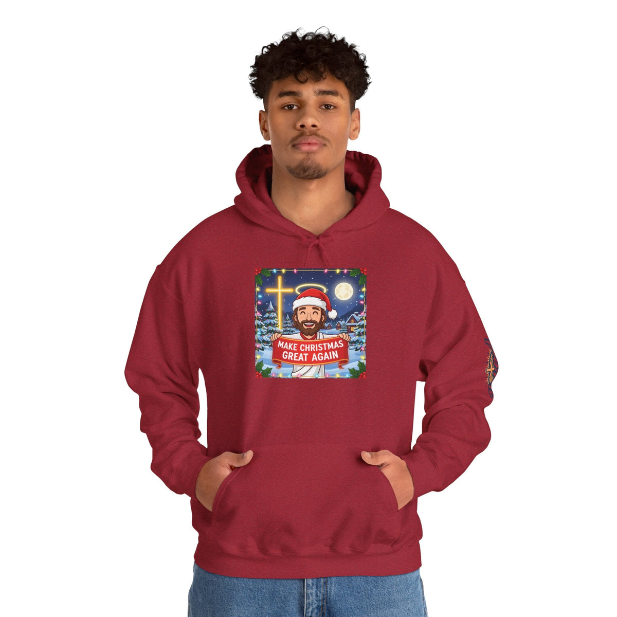 🎄 Make Christmas Great Again – Funny Christian Hoodie | Jesus Holding Banner | Faith-Based Holiday Parody Tee | Uplifted Gear Printify