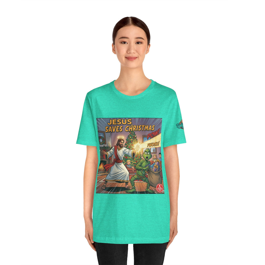 Jesus Saves Christmas T-shirt – Grinch vs Savior Light Battle Christian T-shirt for Hilarious Holiday Faith & True Joy Printify