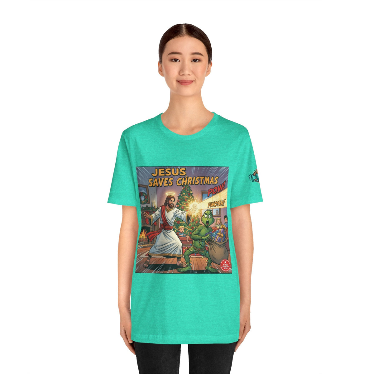 Jesus Saves Christmas T-shirt – Grinch vs Savior Light Battle Christian T-shirt for Hilarious Holiday Faith & True Joy Printify