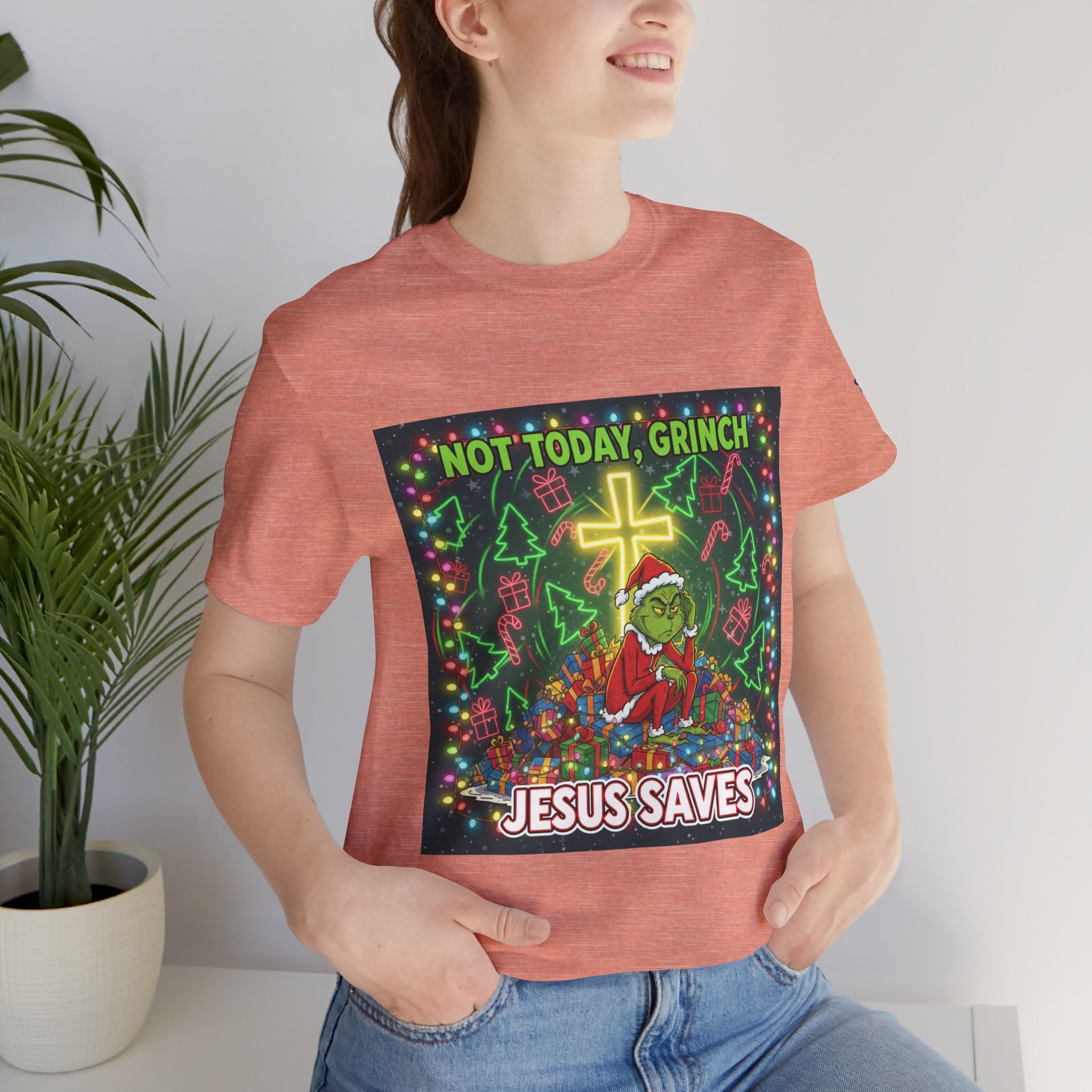 🎄 Not Today, Grinch – Jesus Saves | Funny Christian Christmas T-Shirt | Festive Green & Red Cartoon Style | Bold Faith Holiday Tee by Uplifted Gear Printify