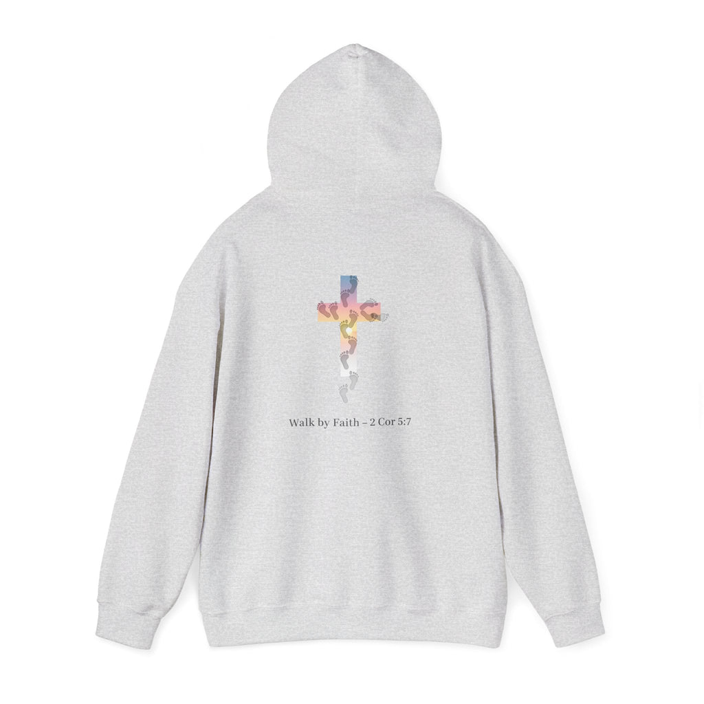 Walk by Faith Hoodie – Cross & Footprints Christian Hoodie for Cozy Inspiration Printify